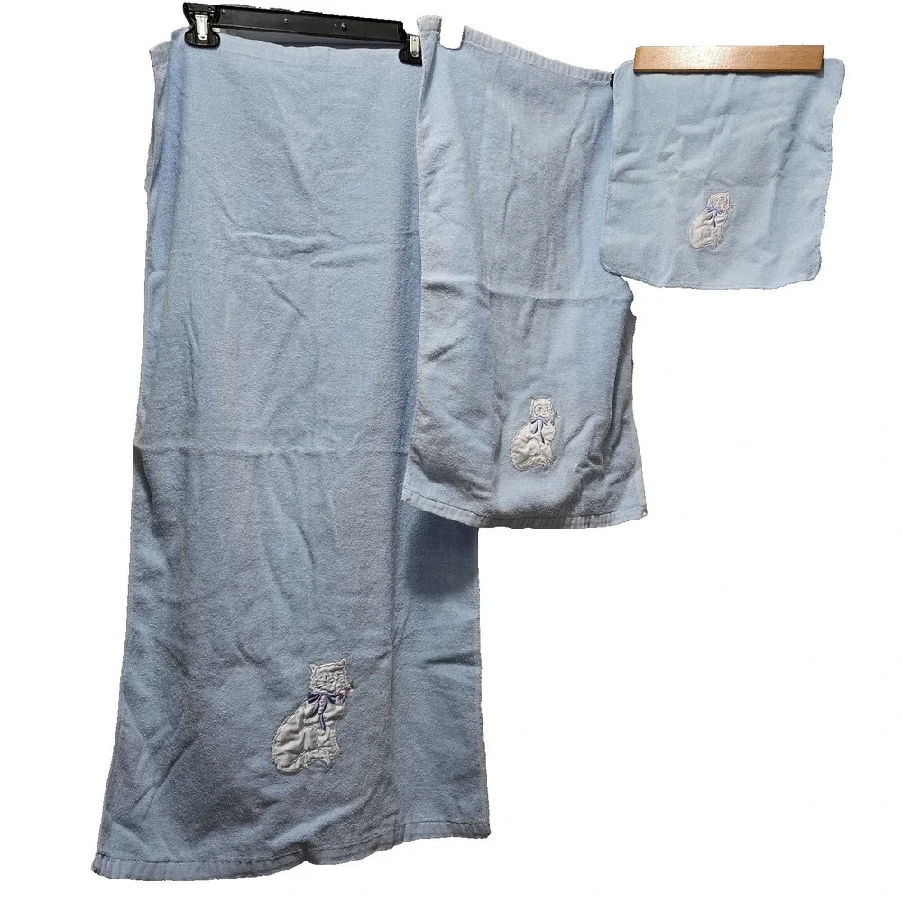 VTG Blue Terrycloth Towel Set Cat Kitten Satin Appliqué 3-Piece‎ Royal Pacific